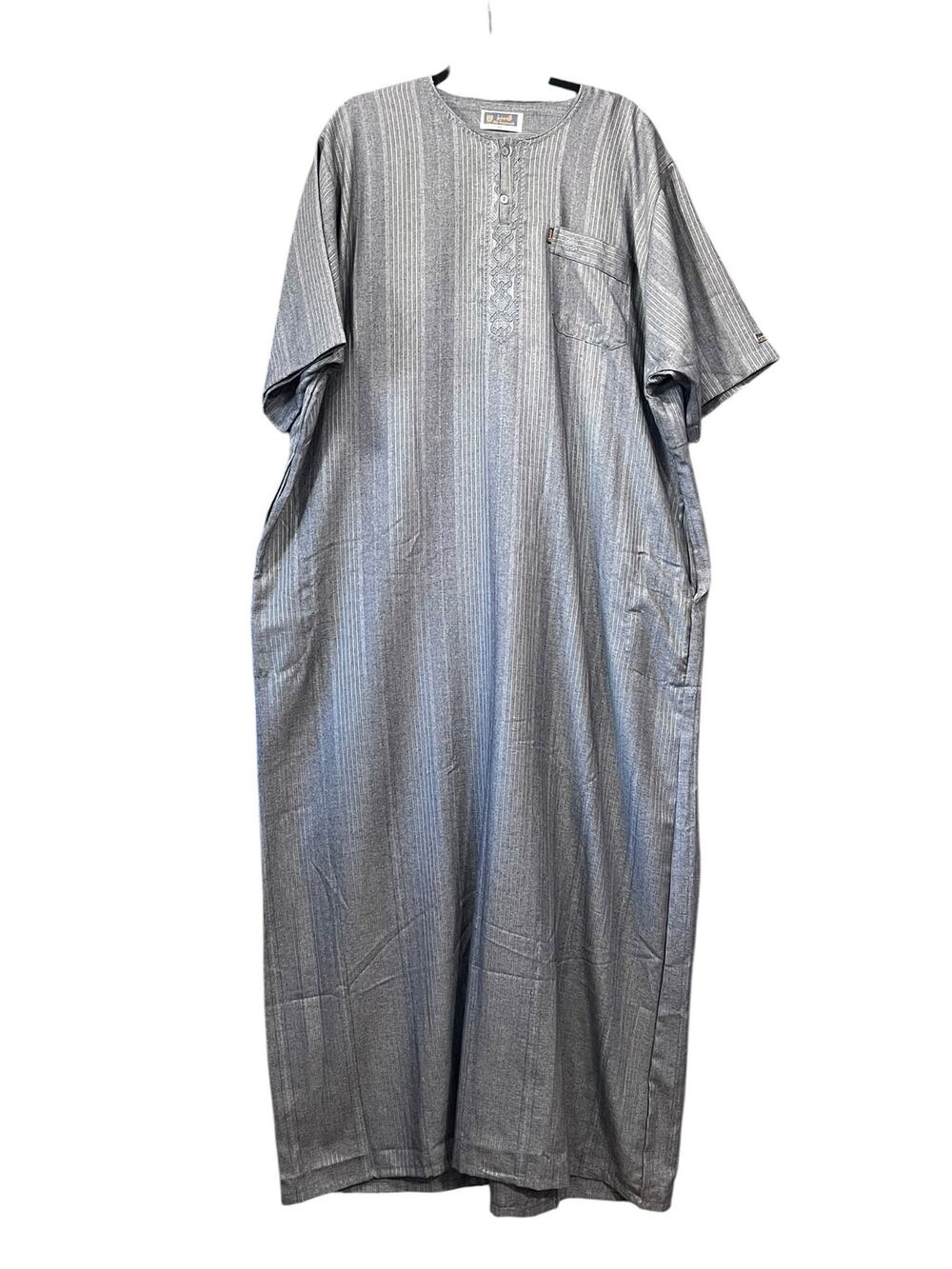 Embroidered Charcoal Gray Striped Traditional Men Thobe Jubba Kaftan
